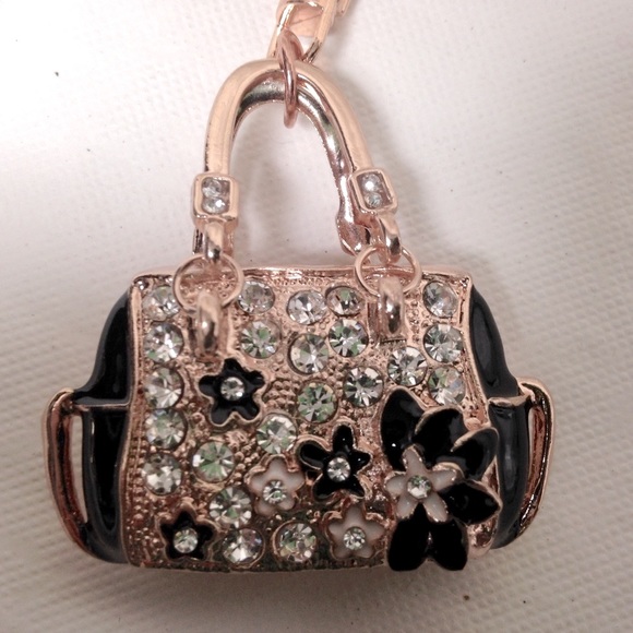 2-Way, Black Floral Rhinestone Handbag Charm- Key Chain - Picture 6 of 10